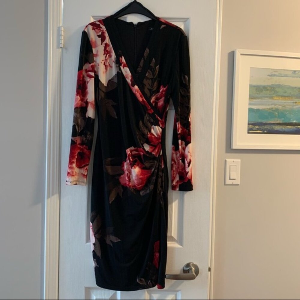 Le Chateau Red Floral Stretch Faux Wrap Dress M